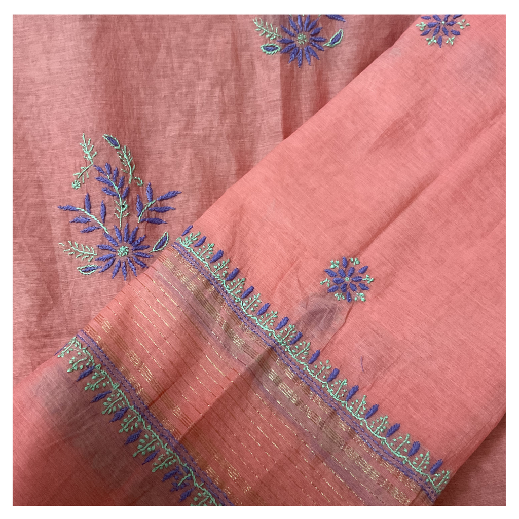 Chanderi unstitched kurta and dupatta with coloured thread Chikankari