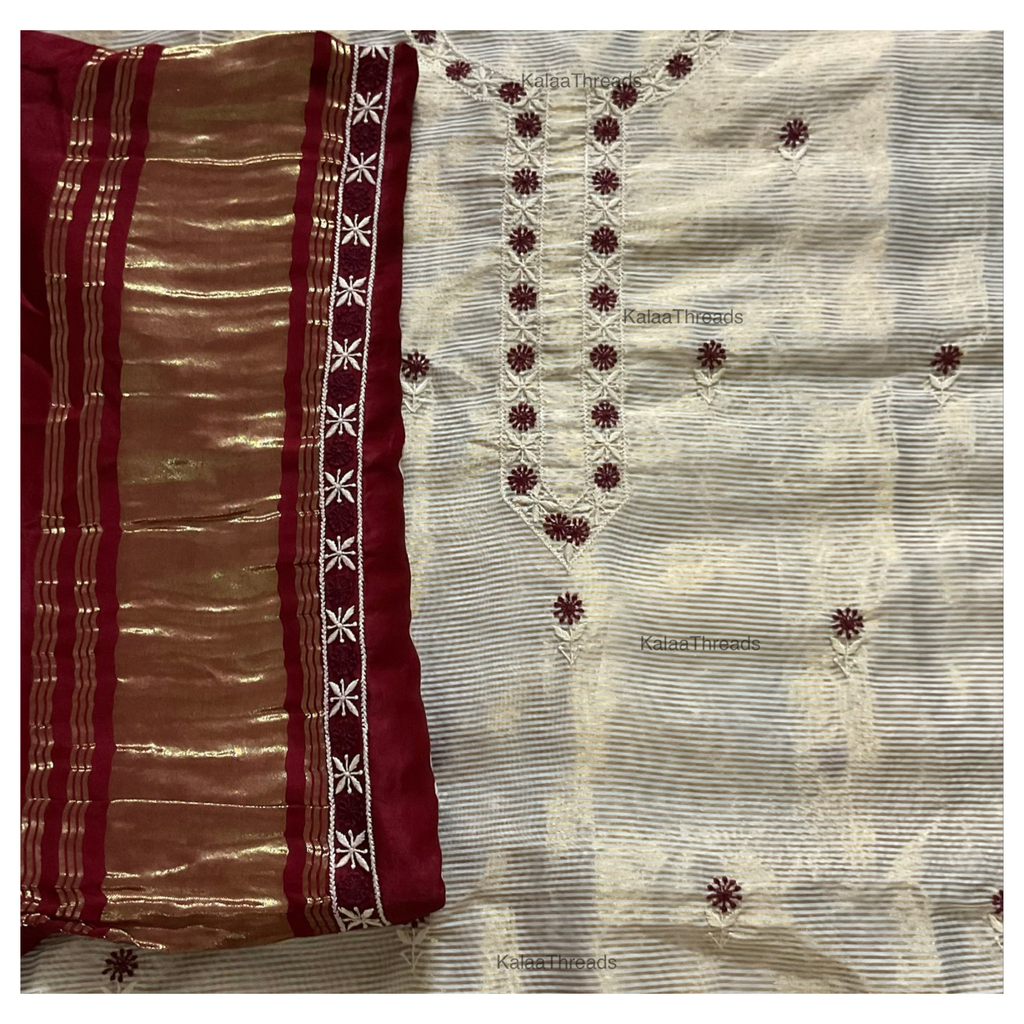 Zari Stripes unstitched Kurta with bandhani dupatta having Chikankari