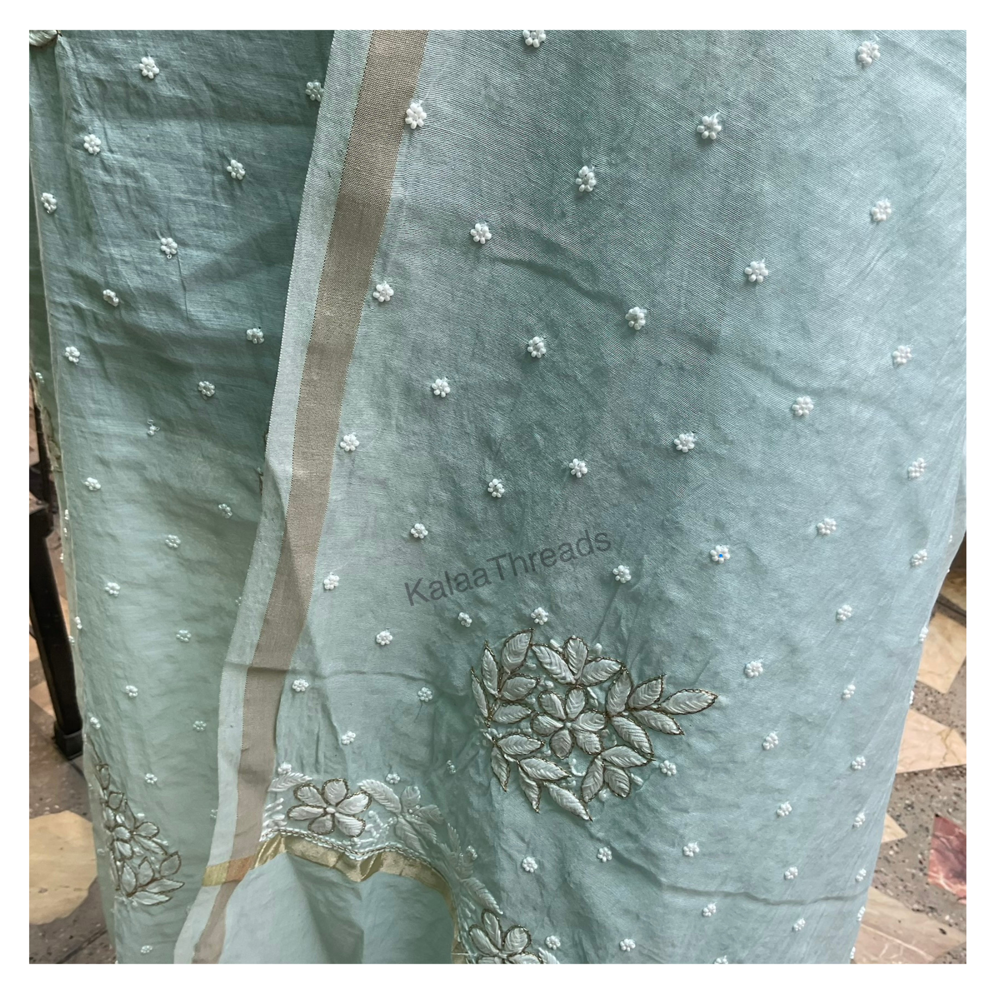 Mul Chanderi unstitched Suit Set with Chikankari and add-ons