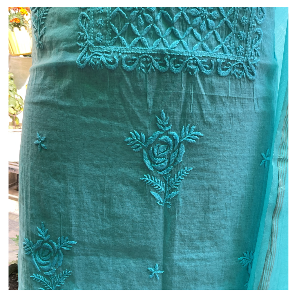 Mul Chanderi unstitched suit set with tone-on-tone Chikankari