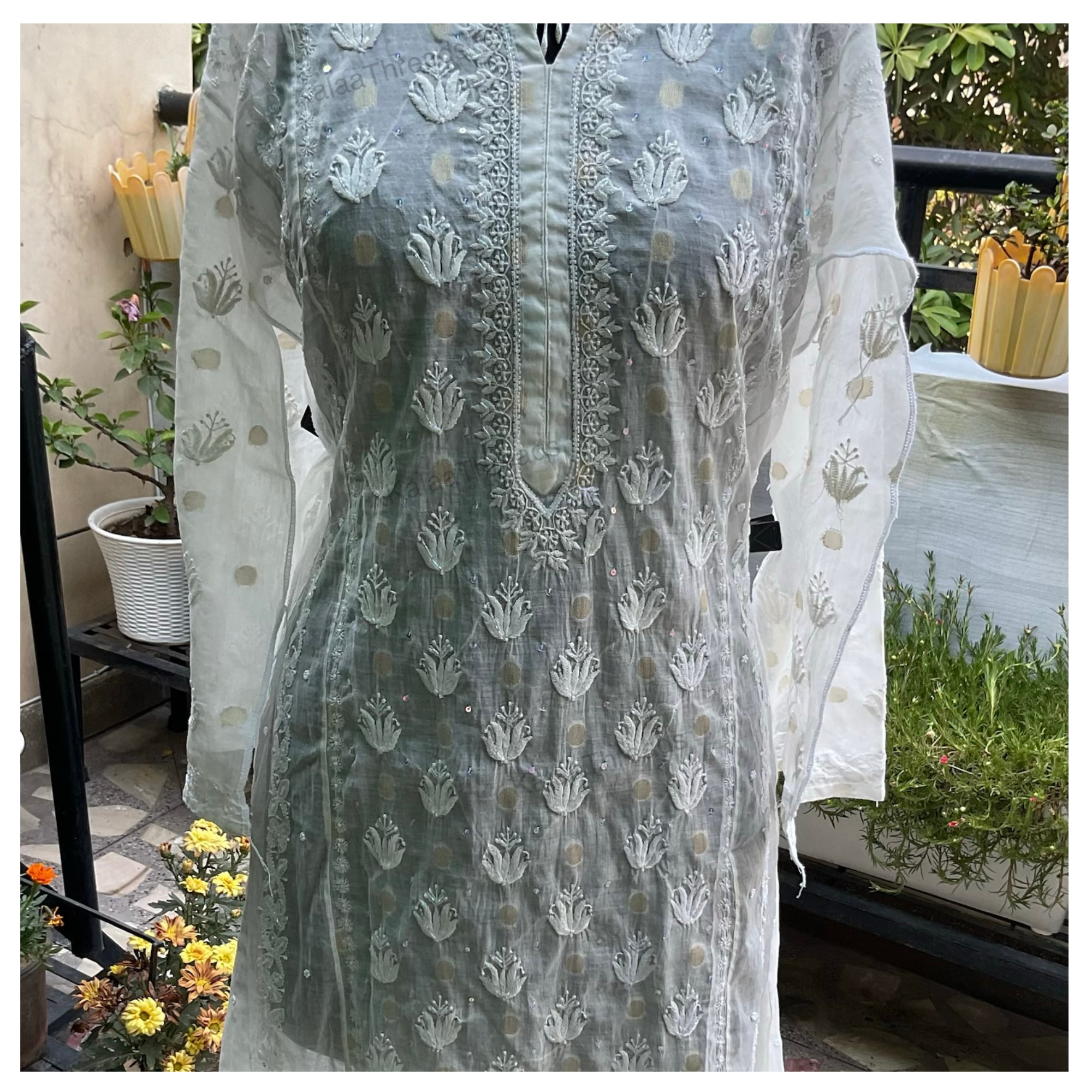 Mul Chanderi Semistitched Kurta and dupatta with fine Chikankari