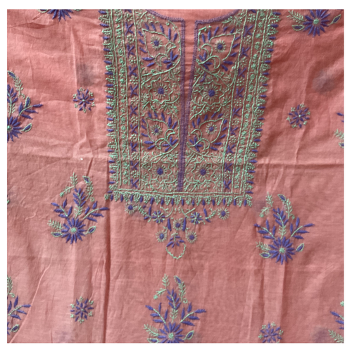 Chanderi unstitched kurta and dupatta with coloured thread Chikankari