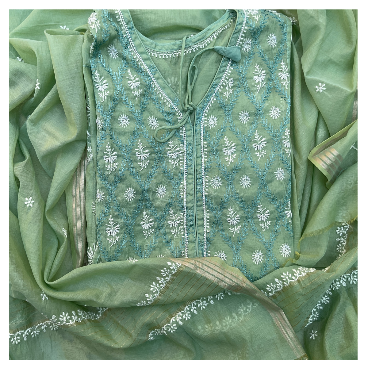 Mul Chanderi Semistitched Kurta and dupatta with fine Chikankari