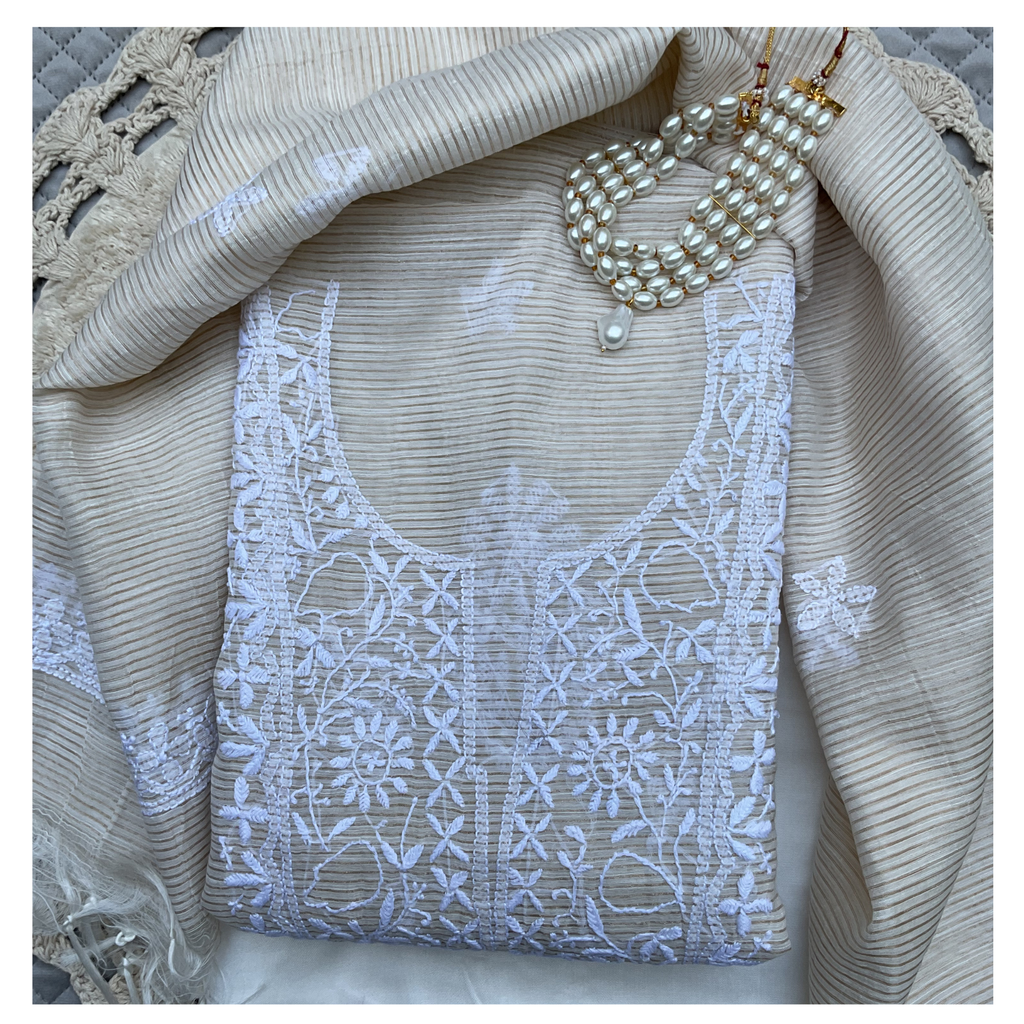 Maheshwari unstitched suit set with Chikankari