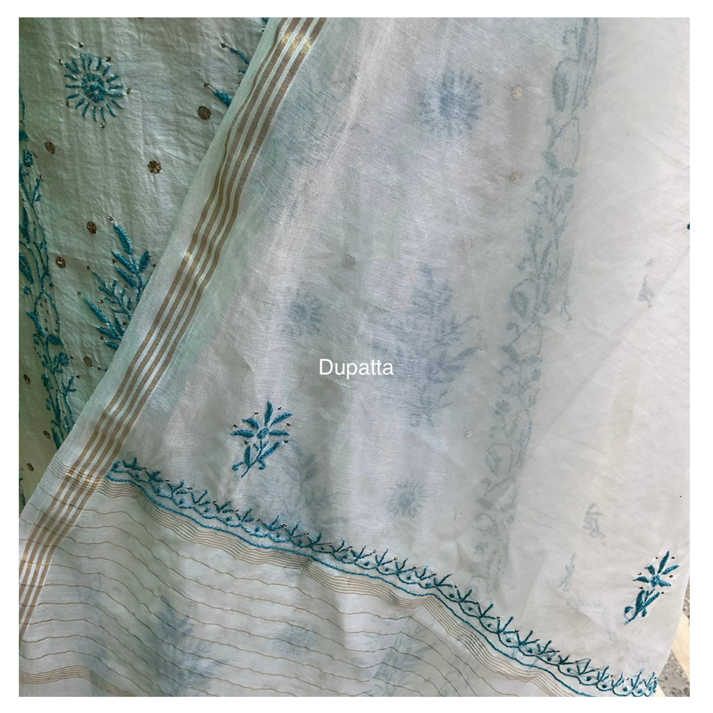 Mul Chanderi suit set with Chikankari and mukaish work