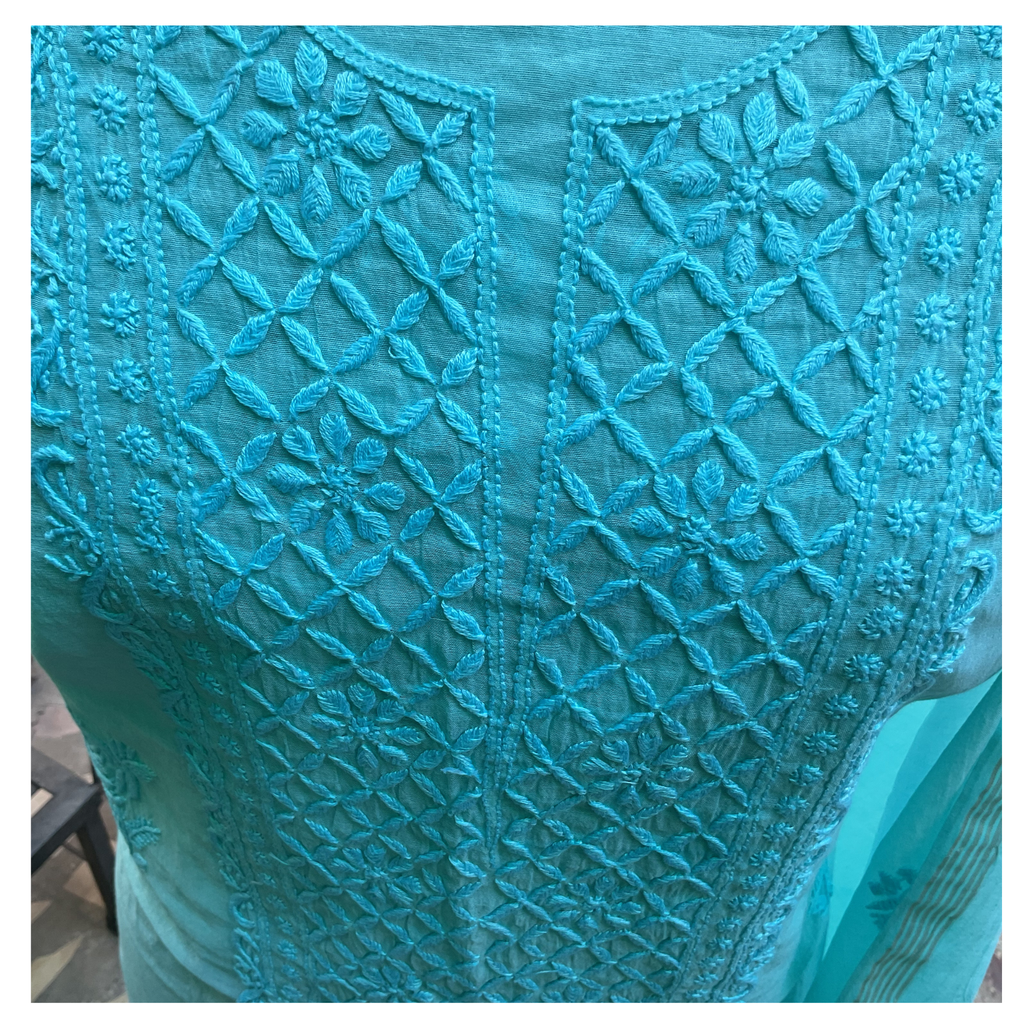 Mul Chanderi unstitched suit set with tone-on-tone Chikankari