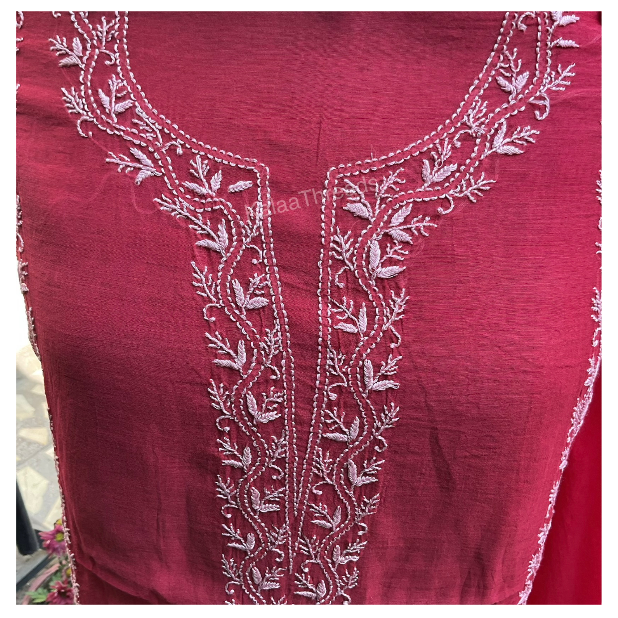 Mul Chanderi unstitched suit set with Chikankari in white color