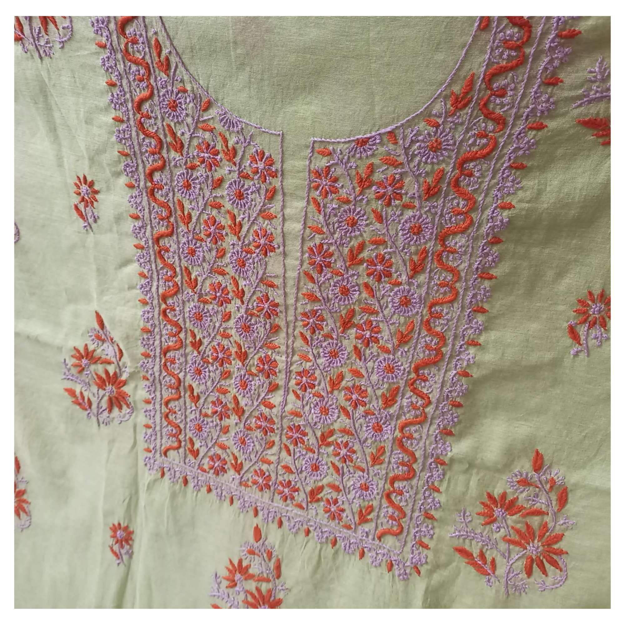 Chanderi unstitched kurta and dupatta with coloured thread Chikankari