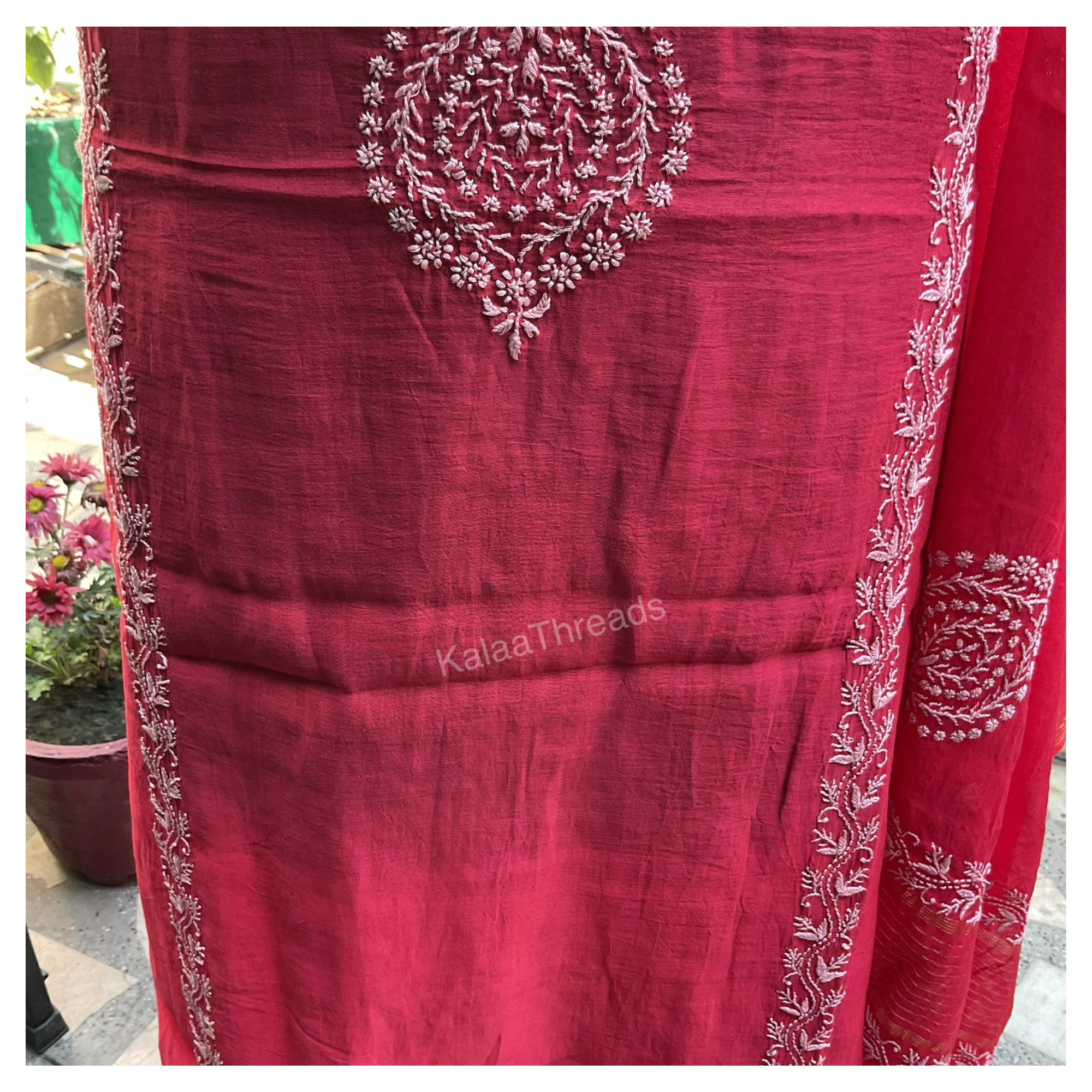 Mul Chanderi unstitched suit set with Chikankari in white color