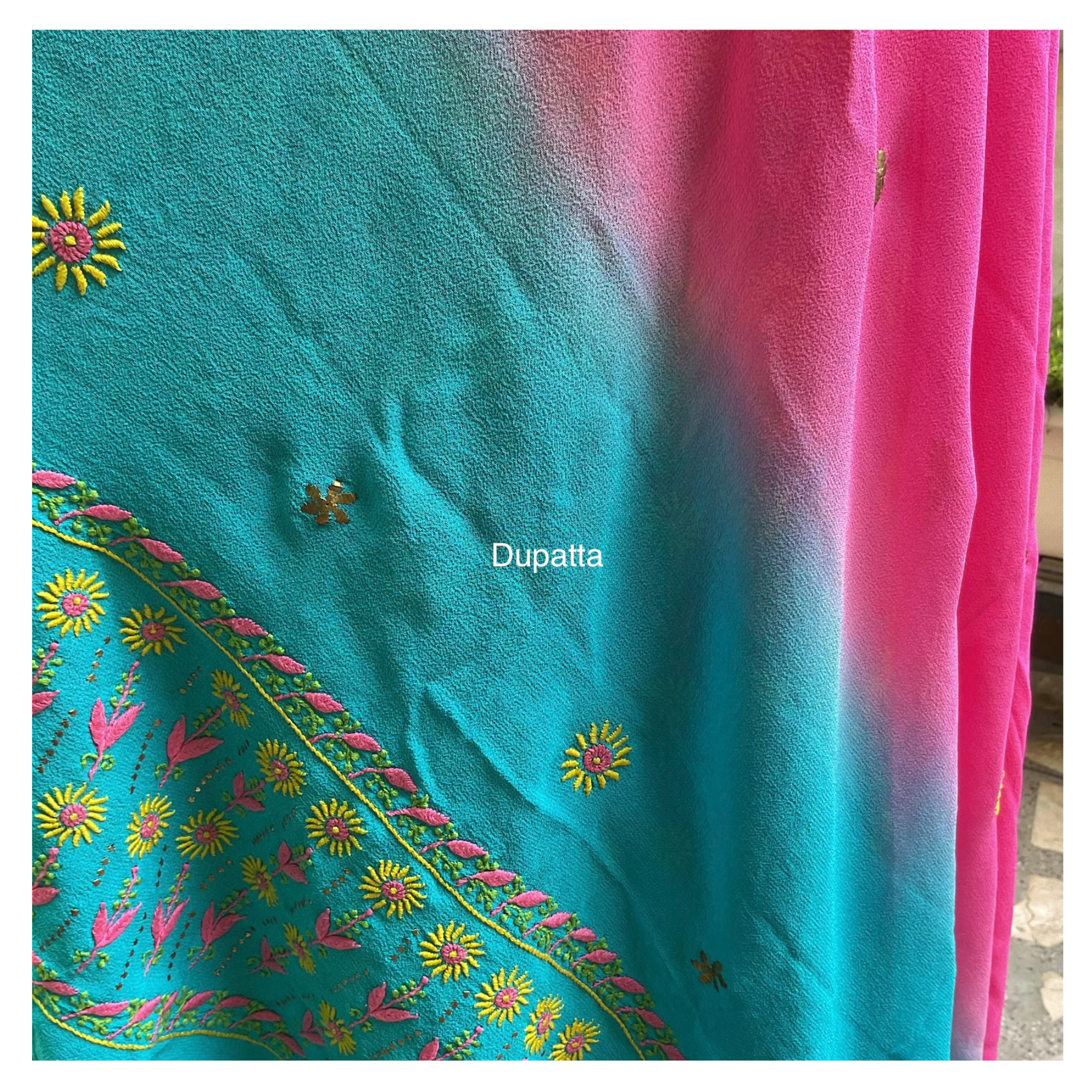 Pure Georgette Unstitched Kurta and dupatta with coloured thread Chikankari