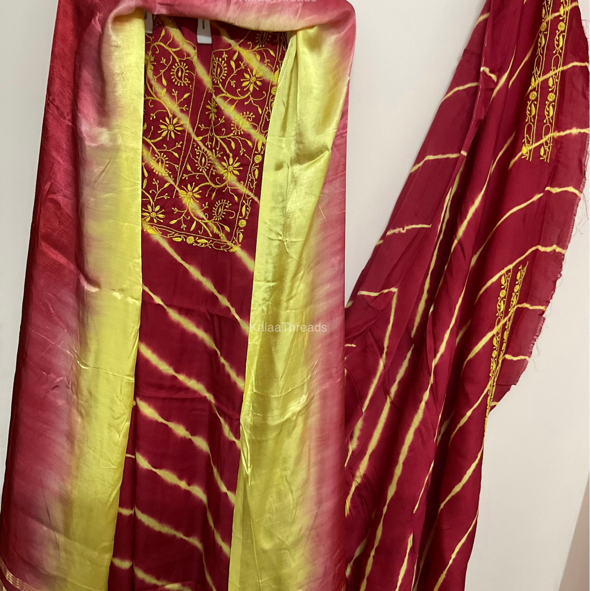 Unstitched Kurta with combination of leheriya and Chikankari and dupatta