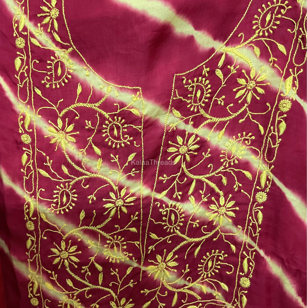 Unstitched Kurta with combination of leheriya and Chikankari and dupatta
