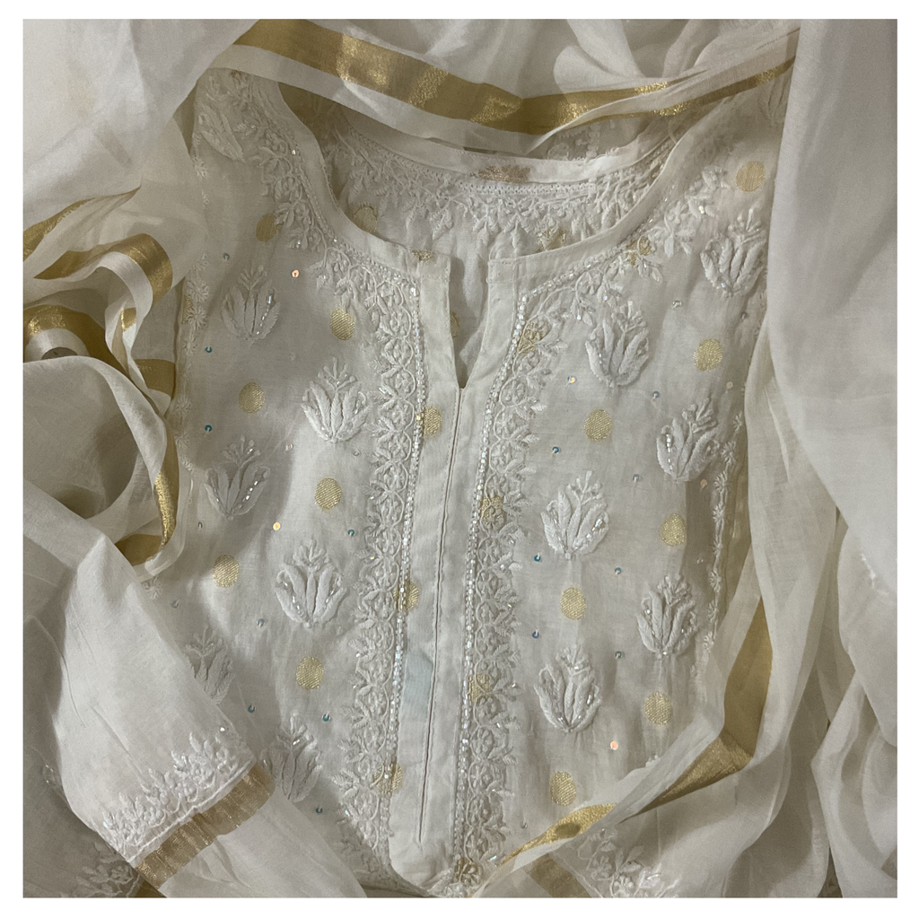 Mul Chanderi Semistitched Kurta and dupatta with fine Chikankari