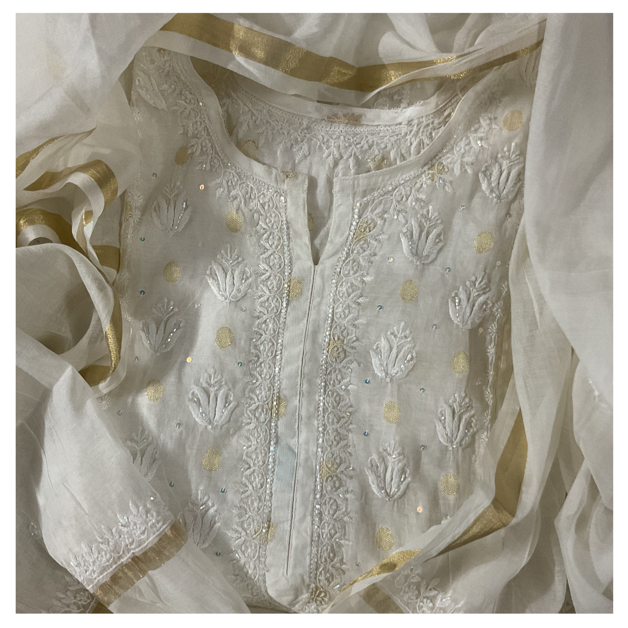 Mul Chanderi Semistitched Kurta and dupatta with fine Chikankari