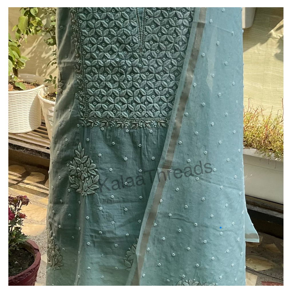 Mul Chanderi unstitched Suit Set with Chikankari and add-ons