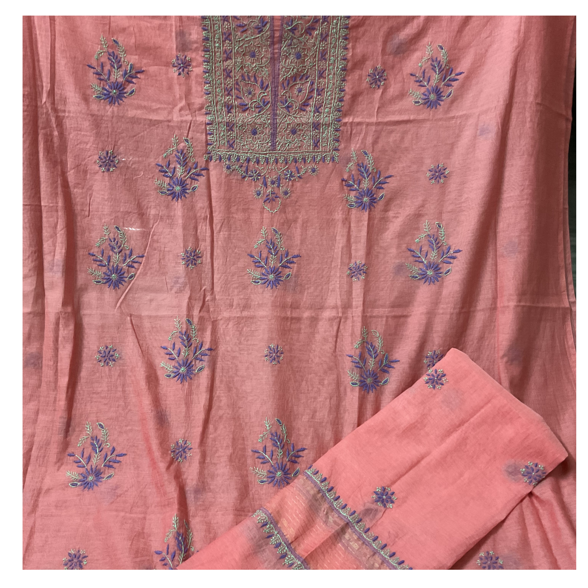 Chanderi unstitched kurta and dupatta with coloured thread Chikankari