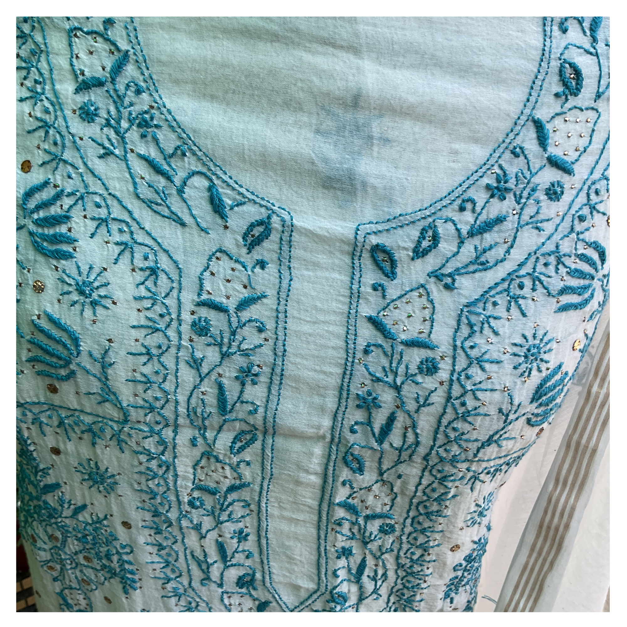 Mul Chanderi suit set with Chikankari and mukaish work