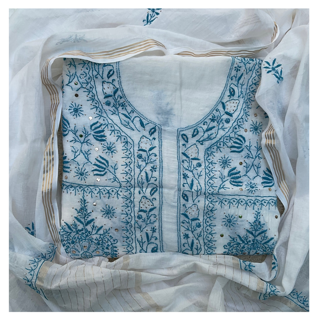 Mul Chanderi suit set with Chikankari and mukaish work