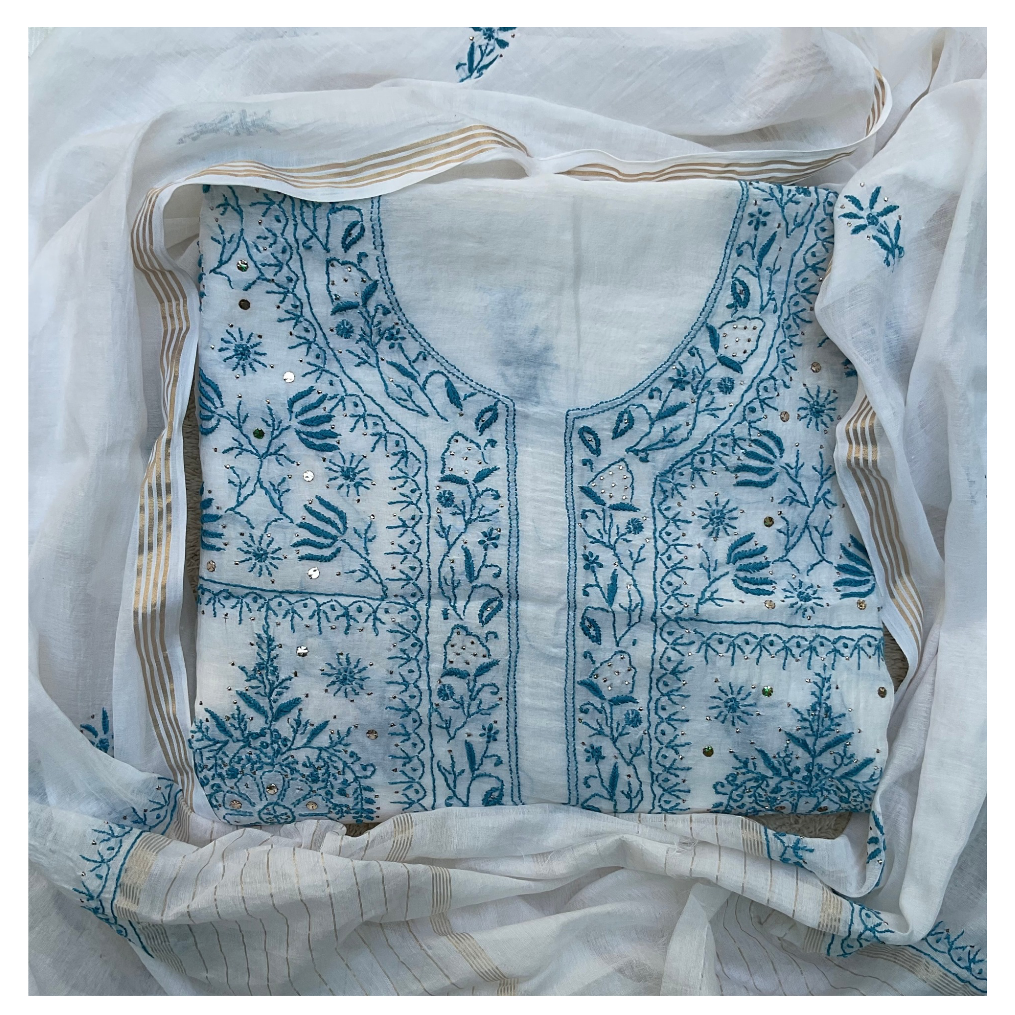 Mul Chanderi suit set with Chikankari and mukaish work
