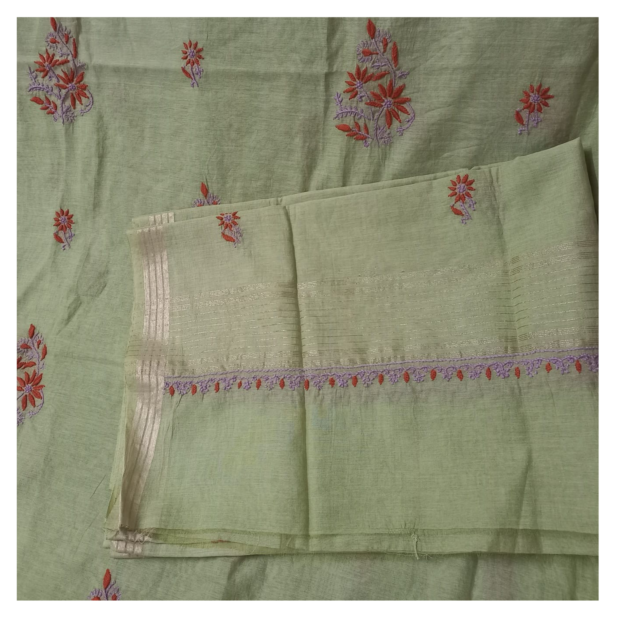 Chanderi unstitched kurta and dupatta with coloured thread Chikankari