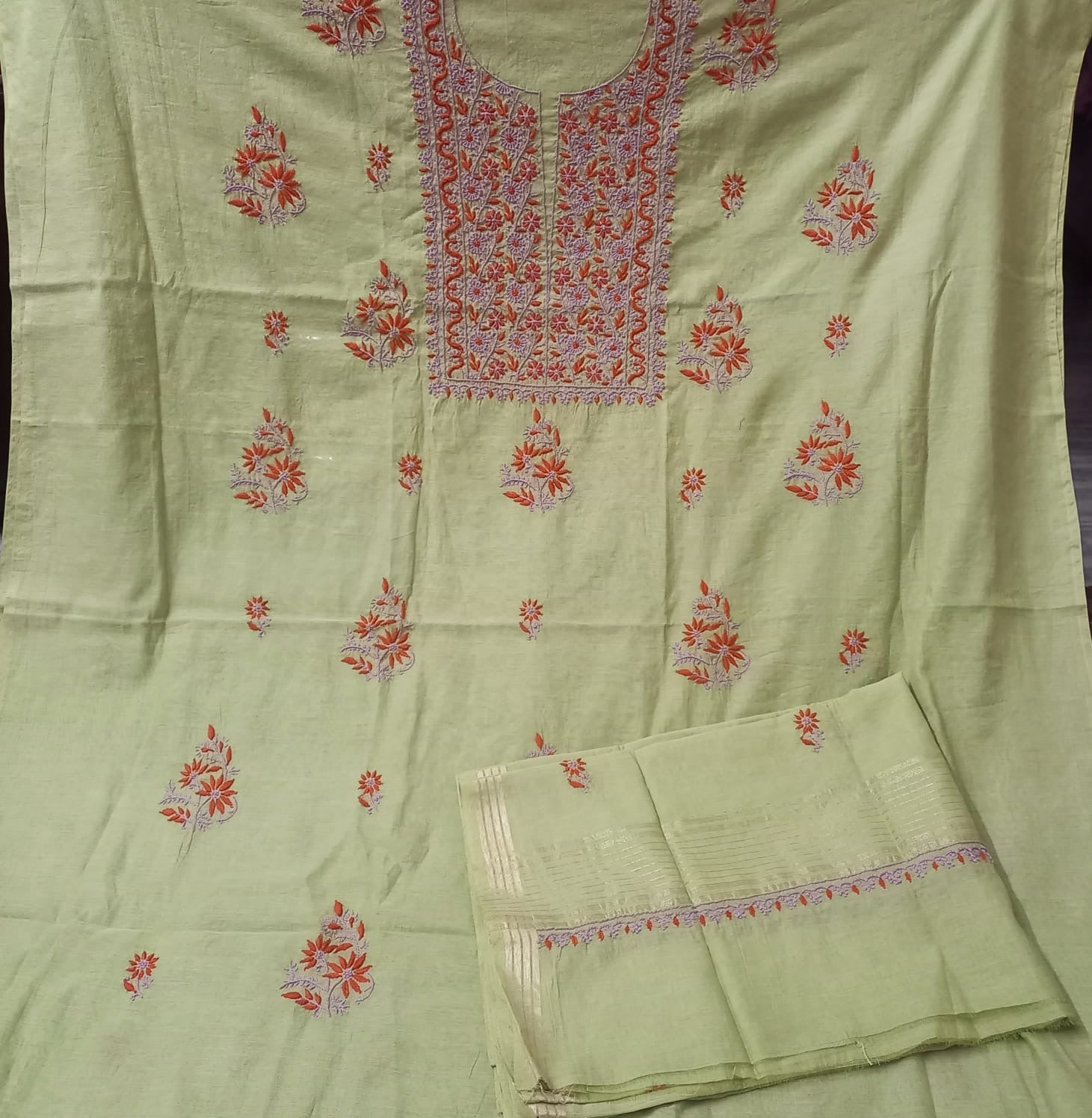Chanderi unstitched kurta and dupatta with coloured thread Chikankari